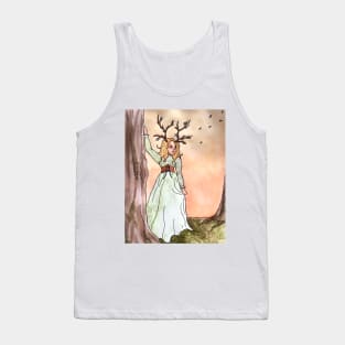 Cottagecore Deer Girl: Mossy Forest at Sunset Tank Top